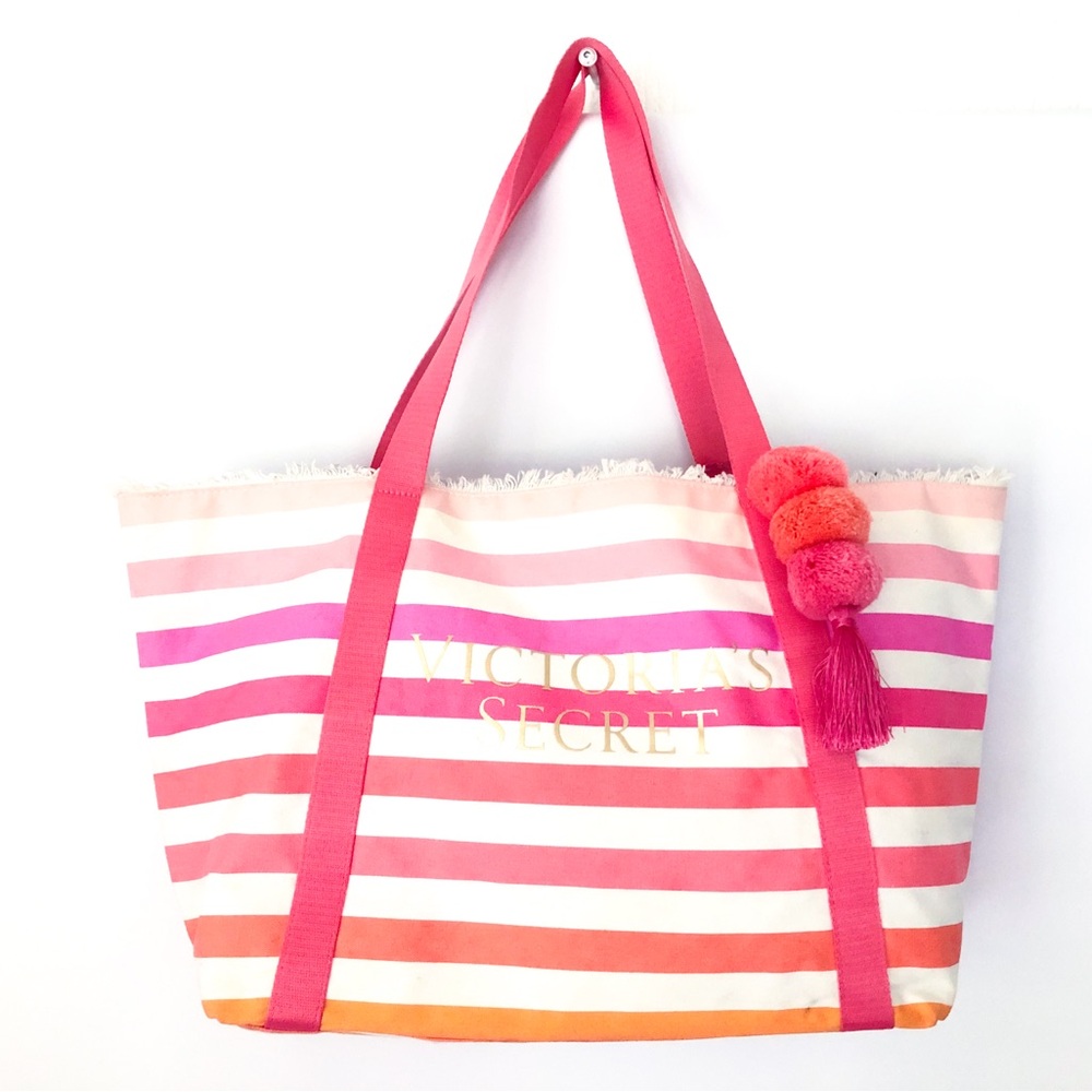 Pink, Coral & White Striped Tote Beach Bag Carry On Victoria's Secret